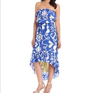 Lilly Pulitzer Blue and White Strapless High-Low Midi Dress